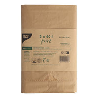 La photo représente un lot de 3 PAPSTAR Sacs à compost en papier « pure », 60 l, double épaisseur, marron, avec une banderole et les informations sur le produit ainsi que les symboles de recyclage imprimés de la PAPSTAR GmbH sur fond blanc. Chaque sac en papier peut contenir jusqu'à 60 litres de déchets organiques.