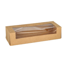 Les 25 plateaux à sushi de la société PAPSTAR sont une boîte rectangulaire marron avec une fenêtre en plastique transparent, fermée et vide, représentée sur fond blanc. En tant qu'option d'emballage écologique, elle propose des produits jetables durables.