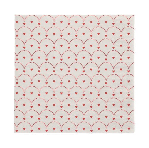 Die 3-lagigen Servietten der PAPSTAR GmbH (20er-Pack, 33x33 cm) zeigen ein Design aus rot gepunkteten Wellenlinien mit kleinen roten Herzen in jeder Wellenform.