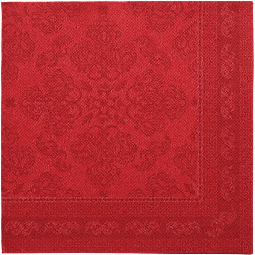 Les 50 serviettes PAPSTAR "ROYAL Collection" 1/4-plis 40 x 40 cm en bordeaux se distinguent par une forme carrée avec des motifs floraux et géométriques en relief, un bord rouge plus foncé et un design raffiné et symétrique - qualité premium de PAPSTAR GmbH.