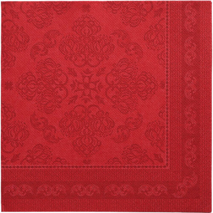 Les 50 serviettes PAPSTAR "ROYAL Collection" 1/4-plis 40 x 40 cm en bordeaux se distinguent par une forme carrée avec des motifs floraux et géométriques en relief, un bord rouge plus foncé et un design raffiné et symétrique - qualité premium de PAPSTAR GmbH.