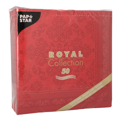 Un paquet de 50 serviettes bordeaux PAPSTAR "ROYAL Collection" 1/4-plis (40 x 40 cm) de PAPSTAR GmbH avec des inscriptions en or et blanc et un motif décoratif discret.