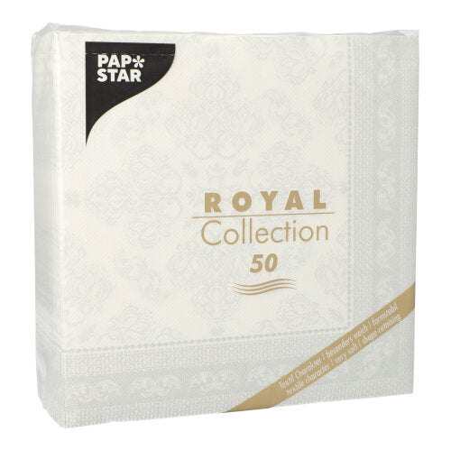 Un paquet blanc de la PAPSTAR GmbH contient 50 serviettes 1/4-pli "ROYAL Collection", 40 x 40 cm, avec des bordures dorées et noires.