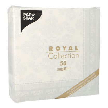 Un paquet blanc de la PAPSTAR GmbH contient 50 serviettes 1/4-pli "ROYAL Collection", 40 x 40 cm, avec des bordures dorées et noires.