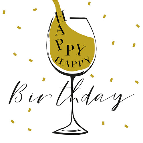 Ein Weinglas gefüllt mit goldener Flüssigkeit, innen „HAPPY“ und darunter in Schreibschrift „Birthday“. Goldenes Konfetti verstreut auf Weiß – perfekt kombinierbar mit 30 Servietten, 3-lagig 1/4-Falz (33x33 cm) der PAPSTAR GmbH für Feierlichkeiten.