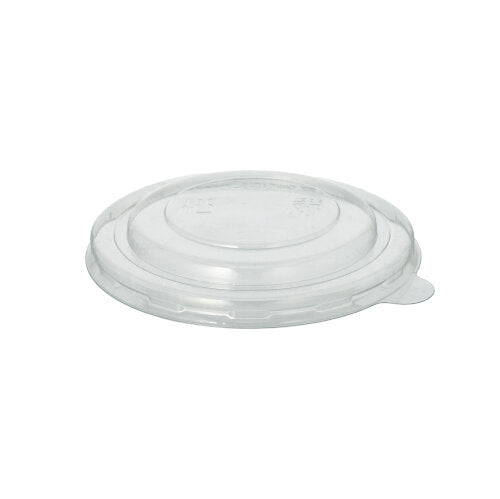 Le couvercle Starpak 25 pour gobelets à soupe R-PET rond, un couvercle transparent avec un centre surélevé et une petite languette, est présenté sur un fond blanc - une option écologique à usage unique de Starpak.