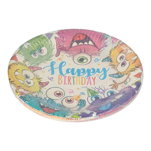 Der PAPSTAR 10 Teller, Pappe rund Ø 23 cm der PAPSTAR GmbH zeigt bunte Cartoon-Monster und „Happy Birthday“ auf weißem Hintergrund mit Konfetti – perfekt für Partys und Events.