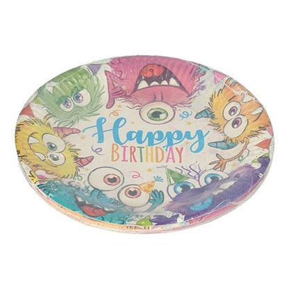 Der PAPSTAR 10 Teller, Pappe rund Ø 23 cm der PAPSTAR GmbH zeigt bunte Cartoon-Monster und „Happy Birthday“ auf weißem Hintergrund mit Konfetti – perfekt für Partys und Events.