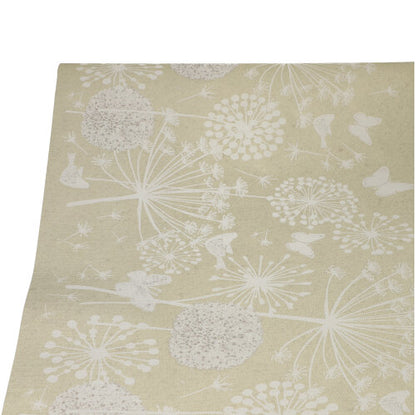 La nappe PAPSTAR en papier (3 m x 1,2 m) de PAPSTAR GmbH est beige avec un motif botanique blanc qui rappelle les pissenlits et les papillons, et convient parfaitement comme produit décoratif jetable pour toute occasion.