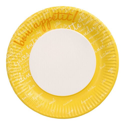 Die PAPSTAR 10 Teller aus Pappe, rund Ø 23 cm von PAPSTAR GmbH besitzen einen gelben Rand, orangefarbenen „Guten Appetit!“-Schriftzug und lebensmittelbezogene Wörter – ideal für Partys und Events. Die Mitte ist weiß.