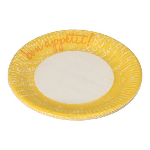 Der PAPSTAR 10 Teller, Pappe rund Ø 23 cm der PAPSTAR GmbH hat einen gelben Rand mit „Guten Appetit!“ in orange und weißer Schreibschrift am Rand – ideal für Partys und Events.