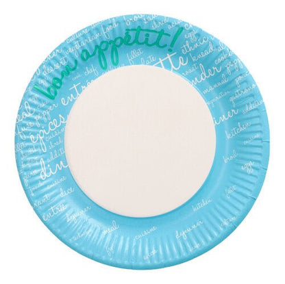 Der PAPSTAR 10 Teller, Pappe rund Ø 23 cm von der PAPSTAR GmbH hat eine weiße Mitte und einen blauen Rand mit „Guten Appetit!“ in Grün und einem Text zum Thema Essen in Weiß – ideal für Partys und Veranstaltungen.