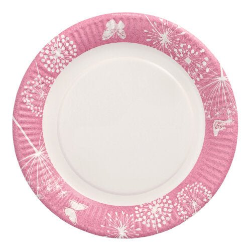 Der 10 Teller Pappe rund Ø 23 cm der PAPSTAR GmbH besticht durch einen rosa Rand mit weißen Löwenzahn- und Schmetterlingsmotiven. Die Mitte ist schlicht weiß, wodurch sich dieser Einwegteller ideal für Partys und Veranstaltungen eignet.