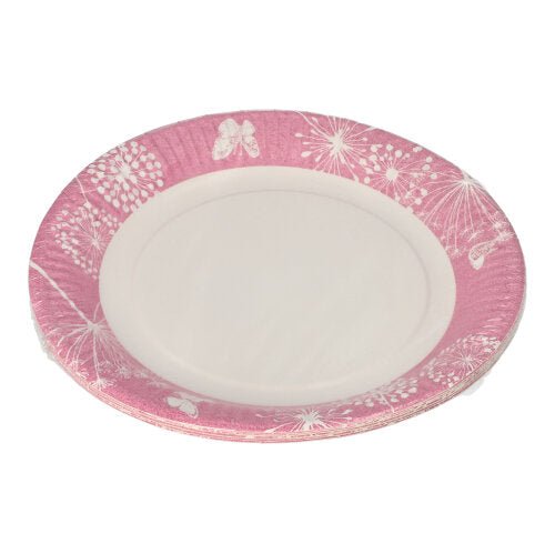 Der PAPSTAR 10 Teller, Pappe rund Ø 23 cm von PAPSTAR GmbH hat einen rosa Rand mit weißen Löwenzahn- und Schmetterlingsmotiven. Die Mitte ist schlicht weiß – ideal für Partys und Veranstaltungen.