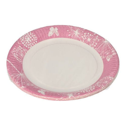 Der PAPSTAR 10 Teller, Pappe rund Ø 23 cm von PAPSTAR GmbH hat einen rosa Rand mit weißen Löwenzahn- und Schmetterlingsmotiven. Die Mitte ist schlicht weiß – ideal für Partys und Veranstaltungen.