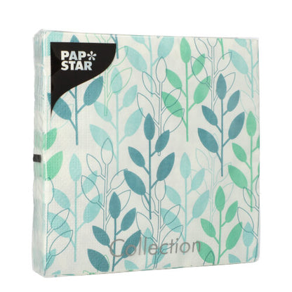 Eine versiegelte Packung von PAPSTAR GmbH 20 Servietten, blau, 3-lagig, 33 x 33 cm, 1/4-Falz, mit "Collection" auf der Vorderseite.