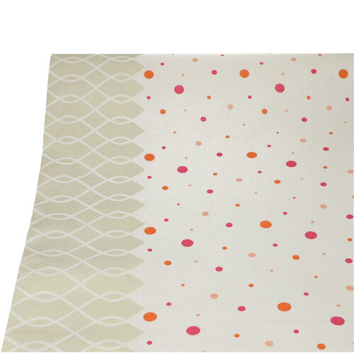 La nappe PAPSTAR (papier, 3 m x 1,2 m) de la société PAPSTAR GmbH est rectangulaire et beige avec un design vertical : des lignes ondulées géométriques sur le côté gauche et des points rouges, roses, oranges dispersés sur le côté droit – parfaite pour une décoration élégante.