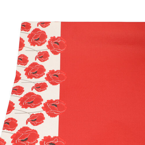 La nappe PAPSTAR en papier (3 m x 1,2 m) de PAPSTAR GmbH se distingue par sa couleur rouge avec un bord blanc et des coquelicots rouges – idéale comme nappe jetable pour des occasions spéciales.