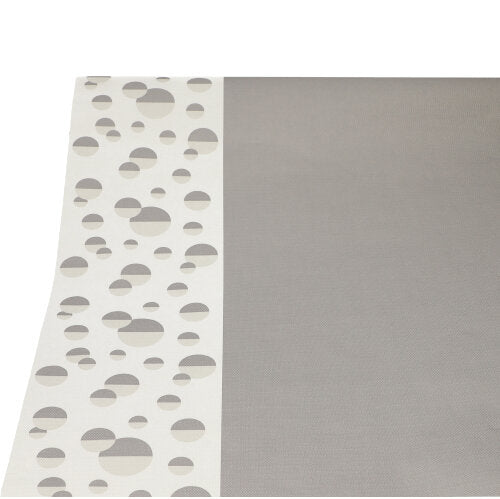 La nappe PAPSTAR (papier, 3 m x 1,2 m) de PAPSTAR GmbH est rectangulaire, avec une surface gris clair avec un bord blanc et des cercles gris de tailles différentes sur fond blanc.