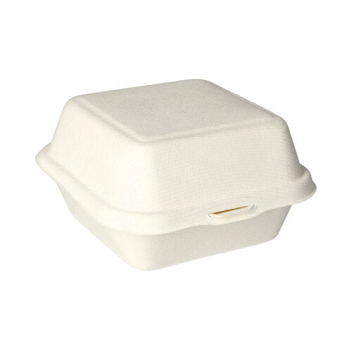 Les boîtes à hamburger PAPSTAR en bagasse (8x14x15 cm, 500 pièces) de PAPSTAR GmbH sont des contenants à emporter écologiques en fibre moulée claire, idéaux pour des emballages durables.