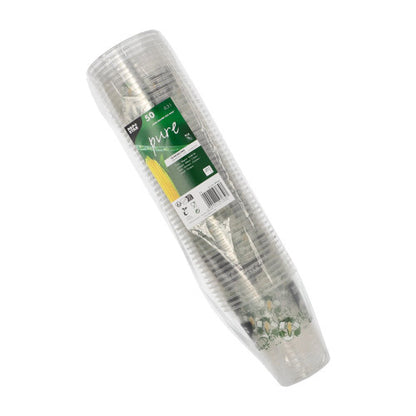 Eine Packung mit 50 PAPSTAR „Becher aus Mais“ PLA-Bechern der PAPSTAR GmbH, in Plastikfolie eingewickelt und mit einem grün-weißen Etikett versehen, das ausweist, dass sie biologisch abbaubar und aus Mais hergestellt sind.