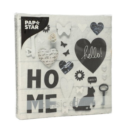 Eine Packung PAPSTAR GmbH 20 Servietten, 3-lagig, 33 x 33 cm, Design Set 4 mit "HOME", "hello!", Herzen, Schmetterlingen, einem Schlüssel, Katzensilhouette und Rosenmotiven in Weiß und Grau auf der Vorderseite.
