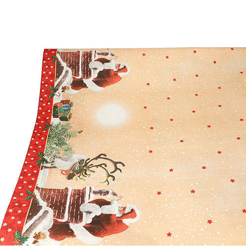La nappe (papier, 3 m x 1,2 m) de la société PAPSTAR présente un design de Noël avec le Père Noël, des rennes, des cheminées sur le bord et un fond beige avec des étoiles rouges et une chute de neige - parfait pour une décoration de fête élégante.