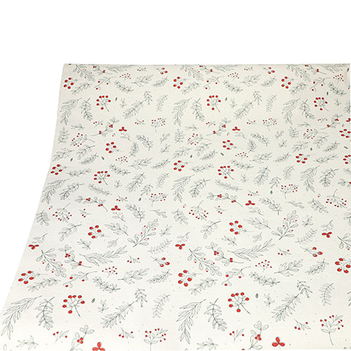 La nappe PAPSTAR (papier, 3 m x 1,2 m) de la société PAPSTAR se distingue par un fond crème avec des baies rouges et des feuilles vertes - idéal pour une décoration de table élégante. Posée à plat et photographiée de dessus.