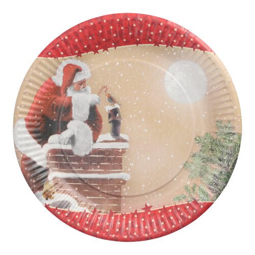 Der PAPSTAR 10 Teller, Pappe rund Ø 23 cm von der PAPSTAR GmbH zeigt den Weihnachtsmann auf einem verschneiten Dach mit Zuckerstange, Vollmond und Schneeflocken – ideal für festliche Partys und Veranstaltungen.
