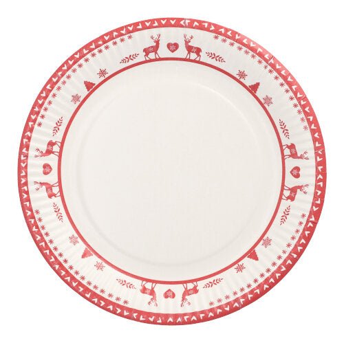 Das 10er Teller-Set der PAPSTAR GmbH besteht aus runden weißen Papp-Tellern (Ø 23 cm) mit rotem Rand, verziert mit Rentieren, Herzen und geometrischen Mustern. Ideale Einwegteller für Partys und Veranstaltungen; die Tellermitte ist schlicht.
