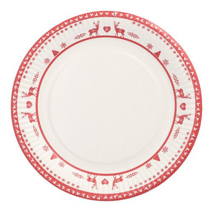 Das 10er Teller-Set der PAPSTAR GmbH besteht aus runden weißen Papp-Tellern (Ø 23 cm) mit rotem Rand, verziert mit Rentieren, Herzen und geometrischen Mustern. Ideale Einwegteller für Partys und Veranstaltungen; die Tellermitte ist schlicht.