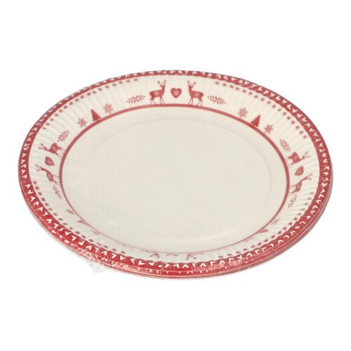 Der PAPSTAR 10 Teller, Pappe rund Ø 23 cm von der PAPSTAR GmbH hat eine cremefarbene Mitte und einen roten Rand mit Rentieren, Herzen und Bäumen – ideal für Partys und Veranstaltungen.
