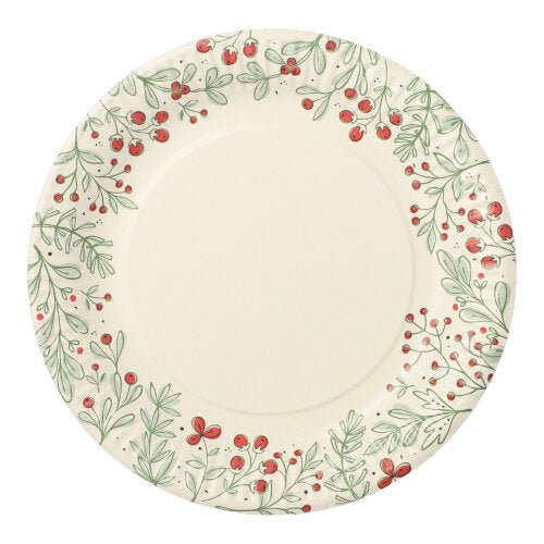 Der 10 Teller Pappe rund Ø 23 cm der PAPSTAR GmbH besticht durch sein rundes Design mit cremefarbener Füllung und einem botanischen Rand aus grünen Blättern und roten Beeren. Ideal für Partys und Veranstaltungen. Der leere Teller ist von oben abgebildet.