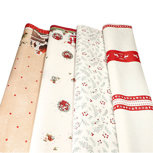 La nappe en papier de PAPSTAR GmbH (3 m x 1,2 m) offre des motifs de Noël festifs tels que le Père Noël, la couronne, le houx, le cerf et les flocons de neige en rouge, vert et beige – idéale comme nappe ou pour des produits jetables de haute qualité.