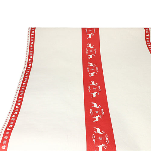 La nappe en papier de la société PAPSTAR (3 m x 1,2 m) présente un design blanc avec deux bandes rouges verticales et des silhouettes blanches de rennes, de cœurs et d'étoiles - parfait pour une décoration de table simple mais festive.