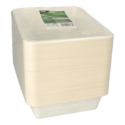 Une pile de PAPSTAR 50 bols scellés en bagasse avec revêtement PLA (4,9 x 22,7 x 17,8 cm), rectangulaires et blancs, du fabricant PAPSTAR GmbH – emballés dans du plastique et avec une étiquette vert-blanc sur le plateau supérieur.