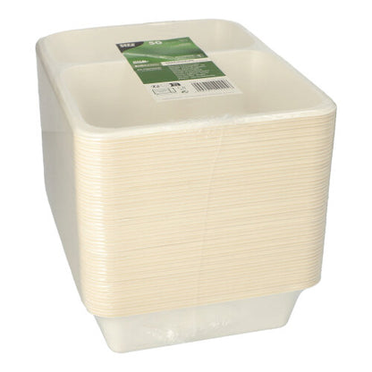 Une pile rectangulaire PAPSTAR 50 bols scellés en bagasse, PLA enduit (4,9 x 22,7 x 17,8 cm) de la PAPSTAR GmbH, emballée dans un plastique transparent avec une étiquette vert-blanc sur le dessus.