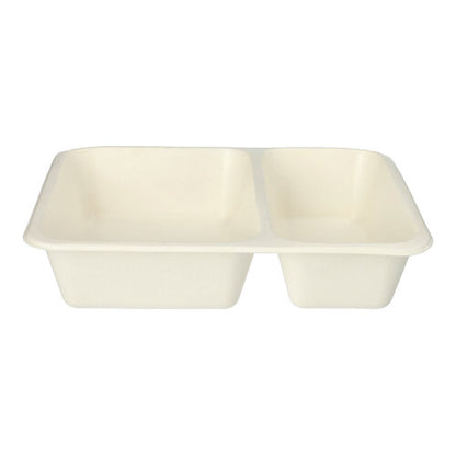 Les PAPSTAR 50 bols scellés en bagasse de PAPSTAR GmbH sont des bols rectangulaires à deux compartiments (4,9 x 22,7 x 17,8 cm) en bagasse claire et écologique avec un revêtement PLA pour une durabilité supplémentaire – idéaux pour les repas ou les collations.