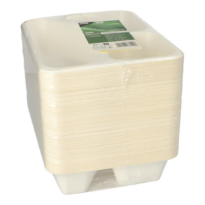 Une pile de 50 PAPSTAR bols scellés en bagasse (4,9 x 22,7 x 17,8 cm, PLA-enduit) de PAPSTAR GmbH, fabriqués à partir de bagasse écologique, emballés dans du plastique et munis d'une étiquette vert-blanc.