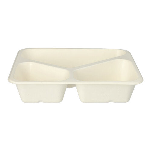 Les PAPSTAR 50 bols scellés en bagasse écologique avec revêtement PLA (4,9 x 22,7 x 17,8 cm) de PAPSTAR GmbH sont beiges, rectangulaires et ont trois compartiments séparés.