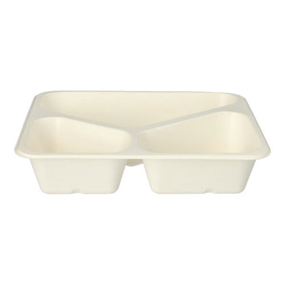 Les PAPSTAR 50 bols scellés en bagasse écologique avec revêtement PLA (4,9 x 22,7 x 17,8 cm) de PAPSTAR GmbH sont beiges, rectangulaires et ont trois compartiments séparés.