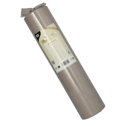 Un chemin de table de 24 m x 40 cm PAPSTAR de la ROYAL Collection de PAPSTAR GmbH en tissu de haute qualité en argent est emballé dans un film et muni d'une étiquette avec des détails sur le produit, des symboles de recyclage et des dimensions.