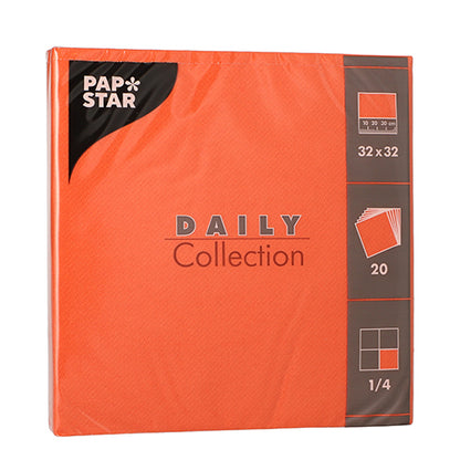 Ein 20er-Pack orangefarbene PAPSTAR Servietten „DAILY Collection“ der PAPSTAR GmbH, 1/4-Falz, je 32 x 32 cm groß.