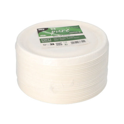 Une pile de 25 couvercles "pure" blancs PAPSTAR pour bols en canne à sucre (Ø 17 cm), emballée dans un film transparent avec branding - idéal pour la gastronomie confortable et respectueuse de l'environnement de PAPSTAR GmbH.