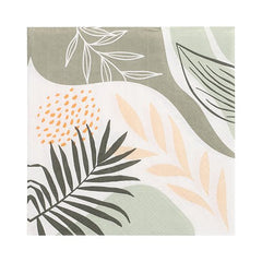 La PAPSTAR 20 serviettes de PAPSTAR GmbH propose des serviettes en papier à trois épaisseurs, de 33 x 33 cm, ornées d'un motif botanique abstrait dans les tons vert, beige et jaune sur fond blanc. Le modèle « Set 6 » présente une forme carrée et un pliage pratique en quatre.