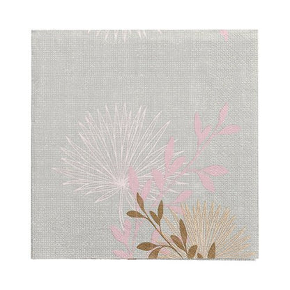 Die PAPSTAR 20 Servietten, 33x33 cm, 3-lagig, Set 4 von PAPSTAR GmbH haben einen strukturierten hellgrauen Hintergrund mit gestickten botanischen Motiven in Rosa, Hellbraun und Braun - ideal für eine elegante Tischdekoration.