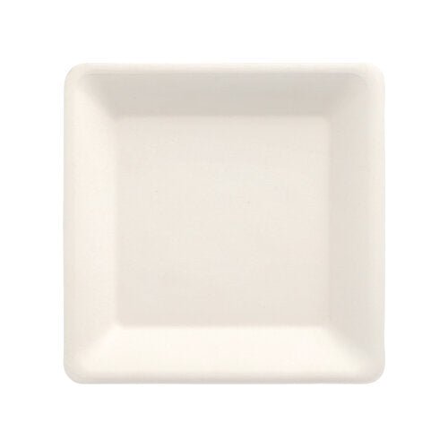 Une PAPSTAR 50 assiettes, canne à sucre « pure », assiette carrée de PAPSTAR GmbH avec des bords légèrement arrondis, fabriquée en canne à sucre biodégradable, représentée de dessus sur fond blanc.