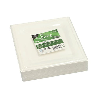 Un paquet de PAPSTAR 50 assiettes, canne à sucre « pure » de PAPSTAR GmbH avec une étiquette vert-blanc, compostable et fabriqué à partir de matériaux naturels durables.