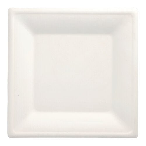 L'assiette PAPSTAR 50, canne à sucre « pure » de PAPSTAR GmbH est une assiette jetable blanche, carrée avec des bords légèrement surélevés - compostable et durable.
