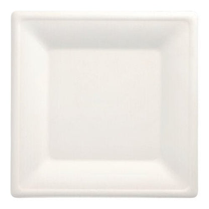 L'assiette PAPSTAR 50, canne à sucre « pure » de PAPSTAR GmbH est une assiette jetable blanche, carrée avec des bords légèrement surélevés - compostable et durable.